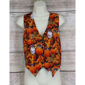 VINTAGE 111 Main Womens Size Medium Button Down Halloween Fall Vest Orange Black